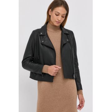 Boss Geacă ramones de piele femei, culoarea negru, de tranzitie