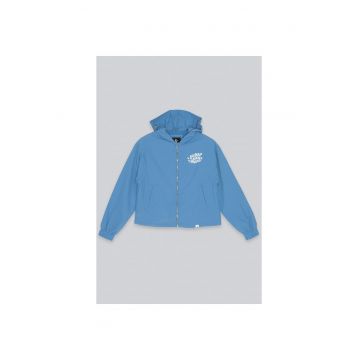 Geaca albastra de tranzitie cu imprimeu pe spate -