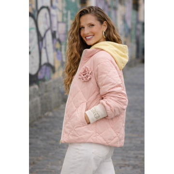 Geaca dama roz pudrat cu mansete si trandafir aplicat