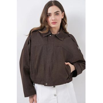 Geaca scurta supradimensionata  bumbac - maro - cu fermoar si buzunar