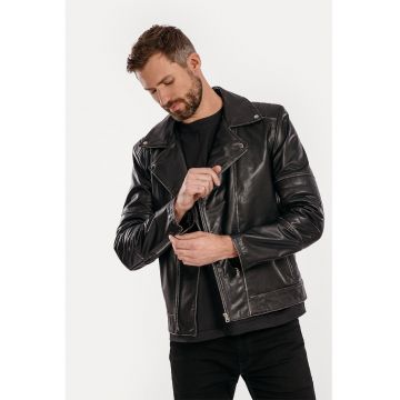 Jacheta biker de piele Vintage - Negru