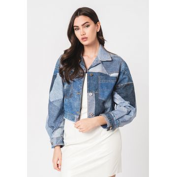 Jacheta crop de denim cu buzunare pe piept