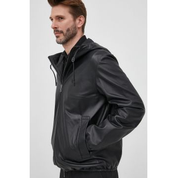 Emporio Armani geaca de piele barbati, culoarea negru, de tranzitie