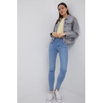 Superdry geaca jeans femei, culoarea gri, de tranzitie