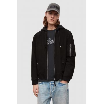 AllSaints jacheta bomber din piele intoarsa barbati, culoarea negru, de tranzitie