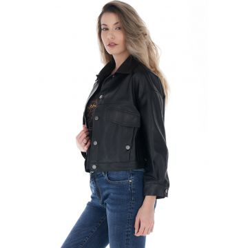 Jacheta crop de piele ecologica cu maneci cazute Jacheta crop de piele ecologica cu maneci cazute