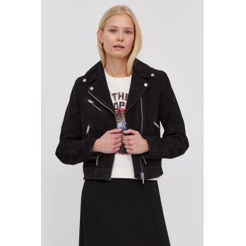 The Kooples o jacheta biker din piele intoarsa femei, culoarea negru, de tranzitie