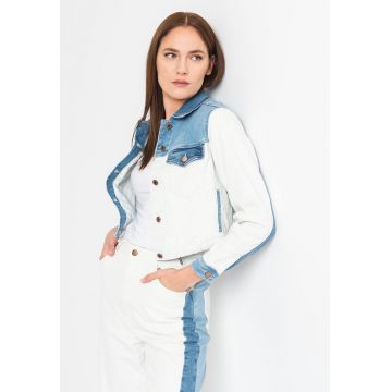 Jacheta crop colorblock de denim