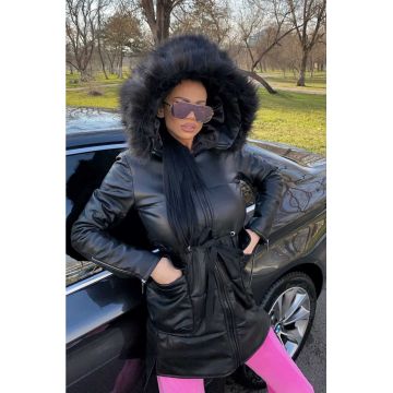 Geaca de Dama cu Gluga, din Piele Ecologica Matlasata cu Dungi, Lunga, Neagra, Leather Connection