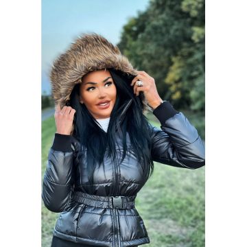 Geaca de Dama din Fas, cu Gluga si Blana, Curea in Talie, Black Diva