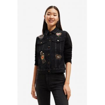 Desigual geaca jeans femei, culoarea negru, de tranzitie