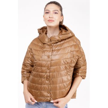 Geaca Monte Cervino oversize, camel, cu gluga si maneci 3 4