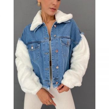 Geaca Dama DenimFluffy Alb