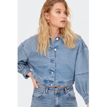 Jacheta crop de denim cu maneci bufante