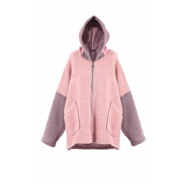 Jacheta roz din lana, oversize, cu gluga