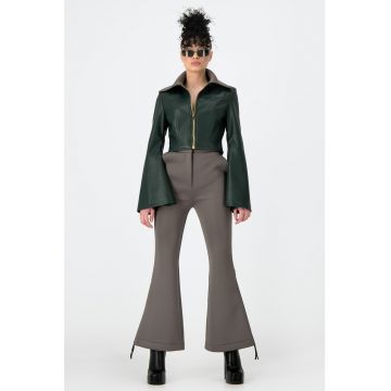 Jacheta crop de piele ecologica cu maneci clopot