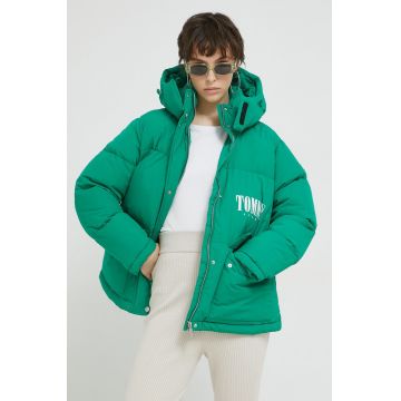 Tommy Jeans geaca femei, culoarea verde, de iarna, oversize