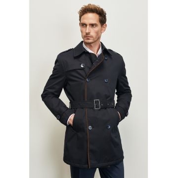 Trenci cu doua randuri de nasturi si curea detasabila in talie - Bleumarin