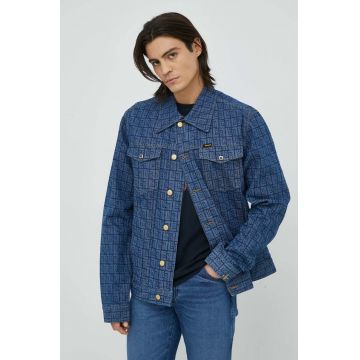 Wrangler geaca jeans X Leon Bridges barbati, culoarea albastru marin, de tranzitie, oversize