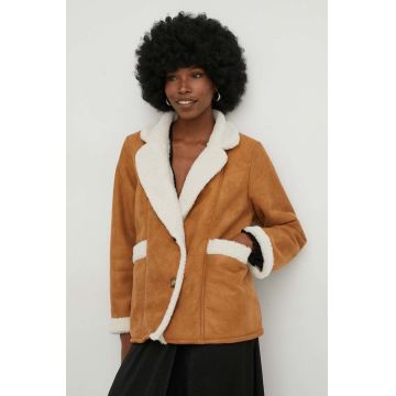 Answear Lab jachetă de lână culoarea maro, de tranzitie, oversize
