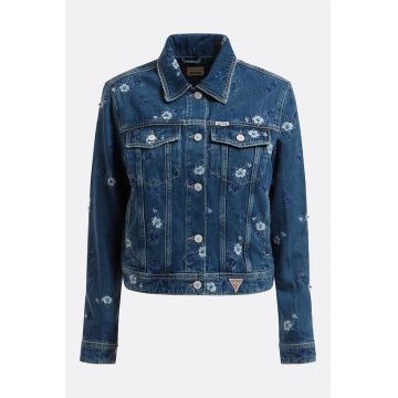 Jacheta crop de denim cu imprimeu floral