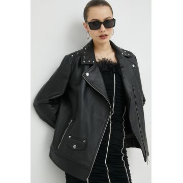 BOSS geaca de blugi femei, culoarea negru, de tranzitie, oversize