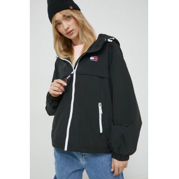 Tommy Jeans geaca femei, culoarea negru, de tranzitie