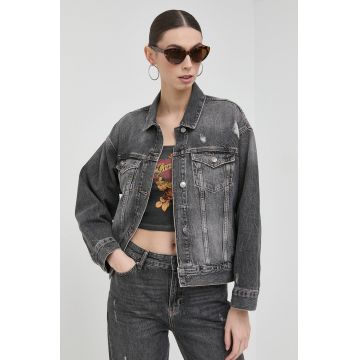 Armani Exchange geaca jeans femei, culoarea gri, de tranzitie, oversize