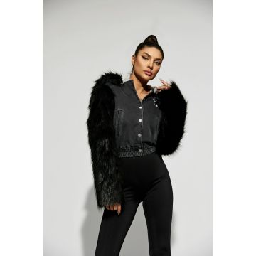 Cojoc de Dama DREAMABLE din Denim Negru,cu Maneci Blana si Blanita in Interior,Blug Negru