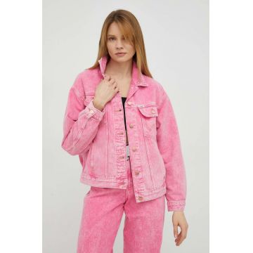 Wrangler geaca jeans femei, culoarea roz, de tranzitie, oversize