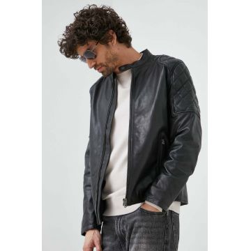 Pepe Jeans geaca de piele Cooper barbati, culoarea negru, de tranzitie