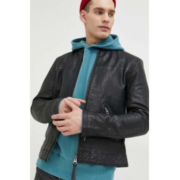 Superdry geaca de piele barbati, culoarea negru, de tranzitie