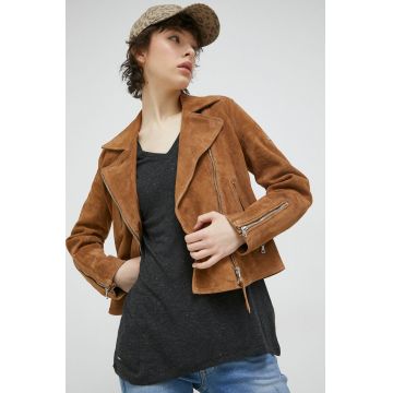 Superdry o jacheta biker din piele intoarsa femei, culoarea maro, de tranzitie