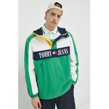 Tommy Jeans geaca barbati, culoarea verde, de tranzitie, oversize