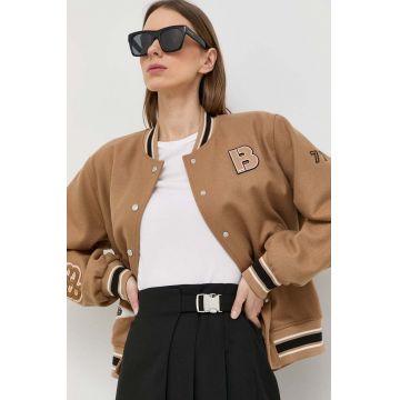 BOSS jacheta bomber din lana culoarea bej, de tranzitie