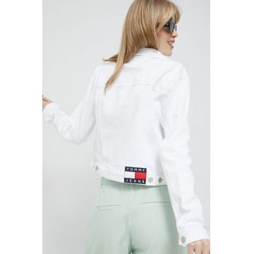 Tommy Jeans geaca jeans femei, culoarea alb, de tranzitie
