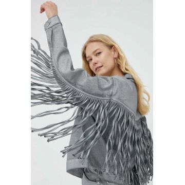 Wrangler geaca jeans femei, culoarea gri, de tranzitie, oversize