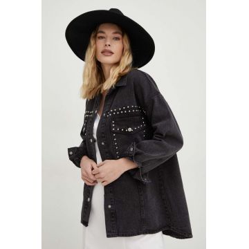 Answear Lab geaca jeans femei, culoarea negru, de tranzitie, oversize