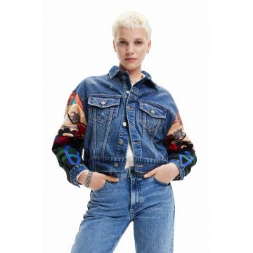 Desigual geaca jeans femei, culoarea albastru marin, de tranzitie, oversize
