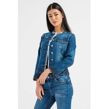 Jacheta crop de denim cu franjuri