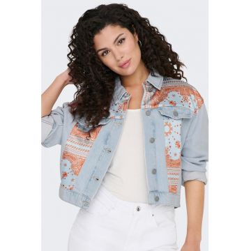 Jacheta crop de denim cu segmente de satin