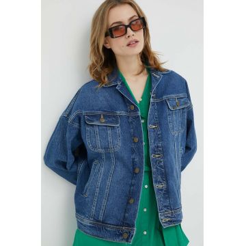 Lee geaca jeans femei, culoarea albastru marin, de tranzitie, oversize