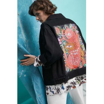 Medicine geaca jeans femei, culoarea negru, de tranzitie, oversize
