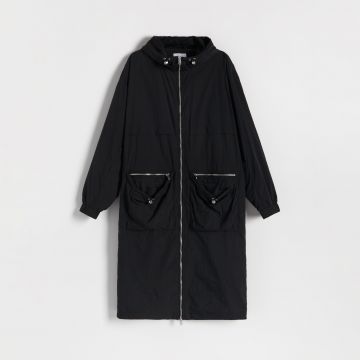 Reserved - Jachetă lungă, cu glugă - Negru