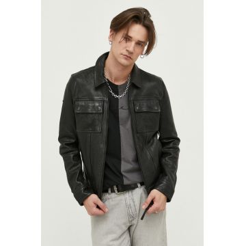 Superdry geaca de piele barbati, culoarea negru, de tranzitie