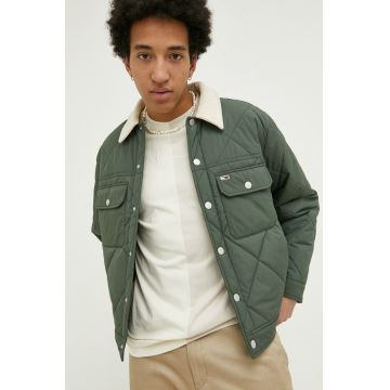 Tommy Jeans geaca barbati, culoarea verde, de tranzitie, oversize