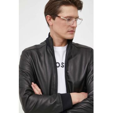 BOSS geaca bomber de piele barbati, culoarea negru, de tranzitie