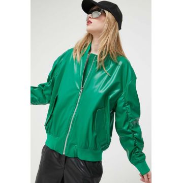 HUGO geaca bomber femei, culoarea verde, de tranzitie, oversize