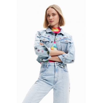 Jacheta crop de denim cu etalii florale