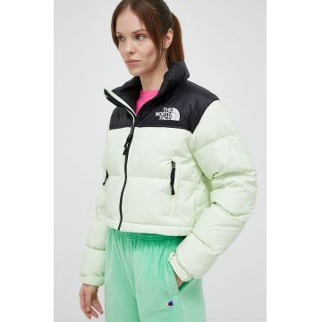 The North Face geaca de puf NUPTSE SHORT JACKET femei, culoarea verde, de iarna